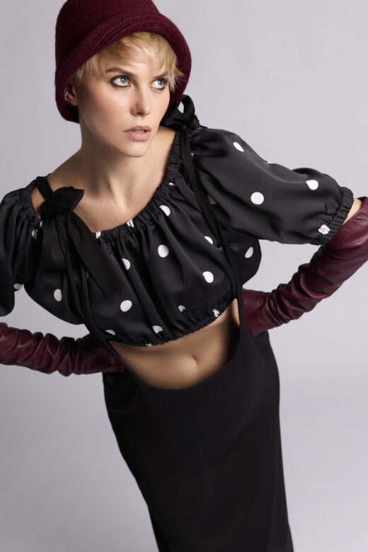 Блузка: У009 (Горох бежевый на черном)